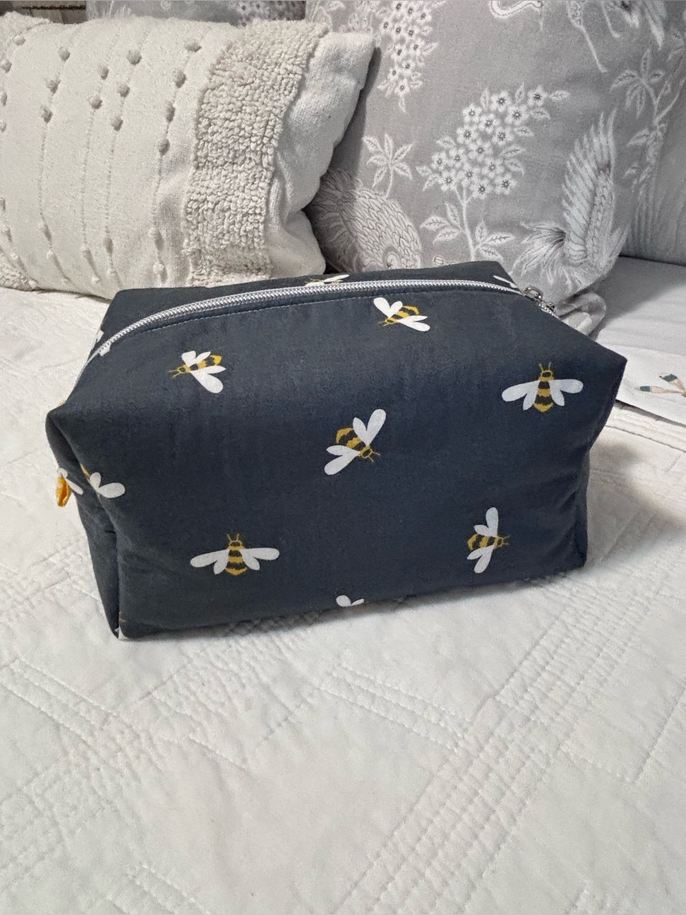 NWT Cosmetic Bag with bees charcoal grey yellow lining